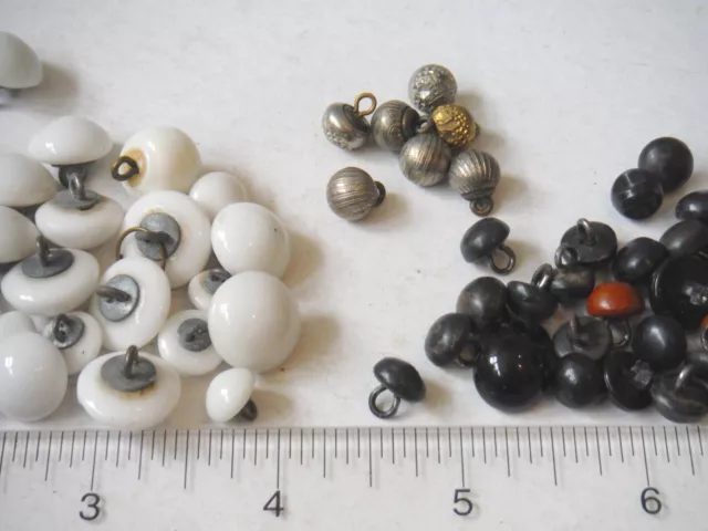 Antique Lot of Shoe Buttons, White Glass, Black & Metal with Patterns P5436