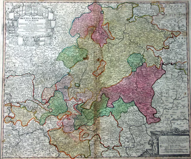 Hessen Rhein Kassel Darmstadt Wappenkartusche Altkolorierte Karte Homann 1720