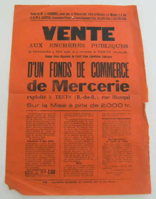 Affiche vente enchère commerce de mercerie à Trets 1930 vintage rétro