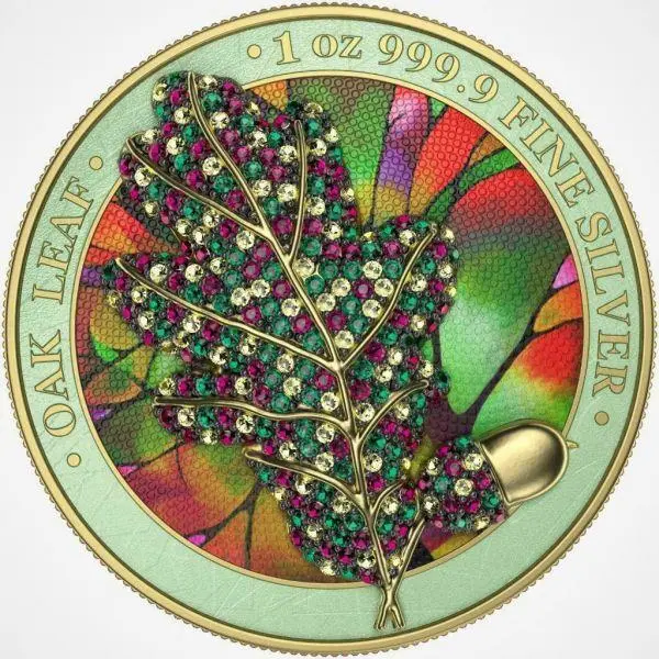 2019 Germany 5 Mark - Bejeweled Oak Leaf - Summer - 1 Oz Silver Coin