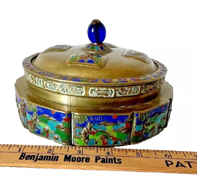 Cloisonne Enamel Bronze Finial Lidded Covered Box Jar Chinese Antique/Vintage