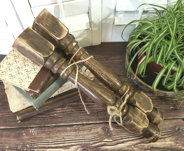 Two Vintage Oak Wooden Spindles Architectural Salvage Farmhouse Modern Rustic