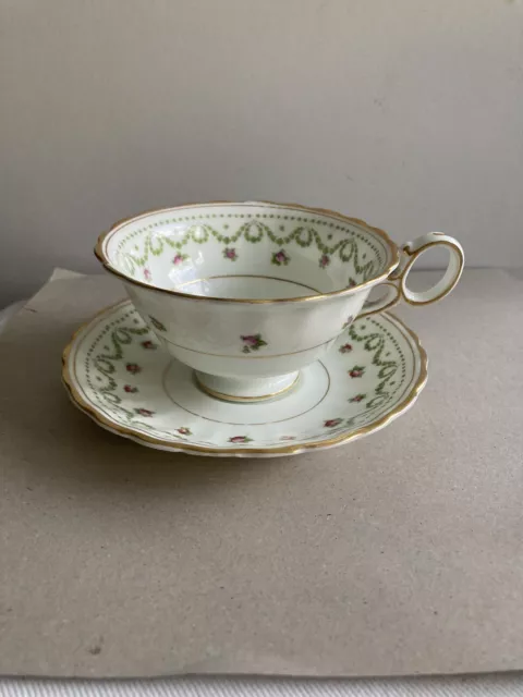 George Jones & Sons Crescent Floral China,16820 Cup & Saucer,Gilded,Roses & Swag