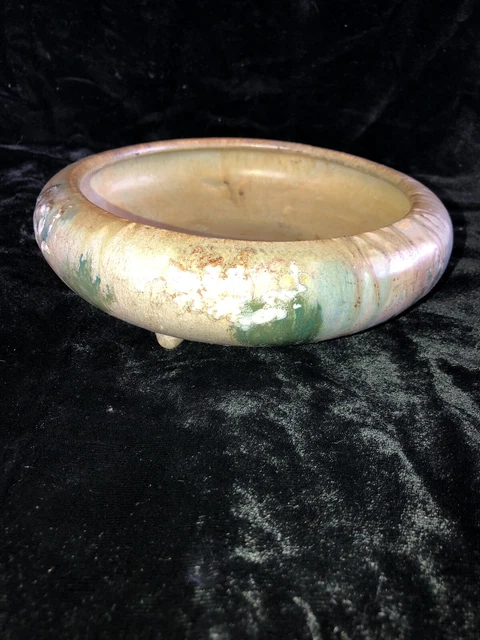 Unusual Vintage Japanese Art Pottery 3 Footed Shallow Drip Glaze Bowl