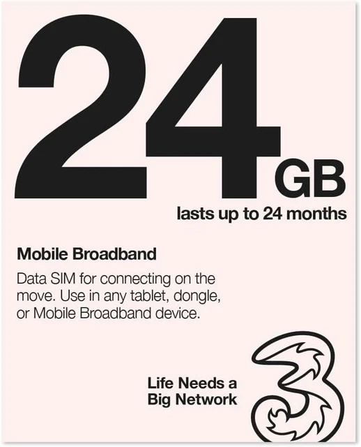 Three Mobile Pay As You Go Mobile Broadband 24 GB data SIM