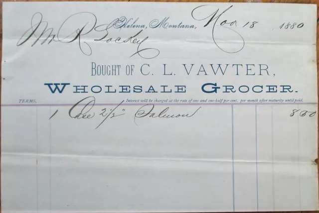 Helena, MT 1880 Letterhead: Grocery - C. L. Vawter - Montana Territory
