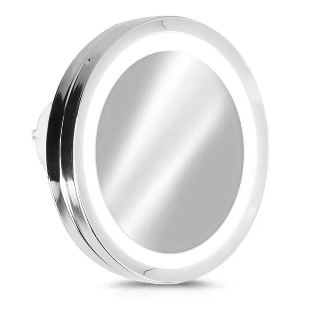 Espejo con aumento 5x iluminación LED y 3 ventosas para baño en plata
