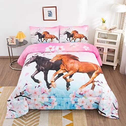 Kids Horse Bedding Set Chic Cherry Blossom Bedding Comforter Set for Girls