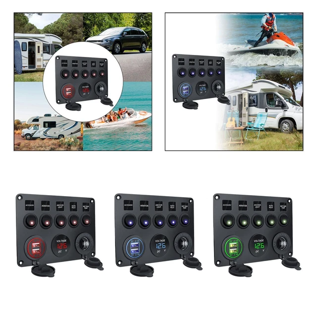 KIMISS Panneau 6 Gang Étanche ON/OFF Avec Double USB, Voltmètre LED, Prise 12V/24V – Tableau Commande Bateau, Camping-Car, Camion, Marine, RV
