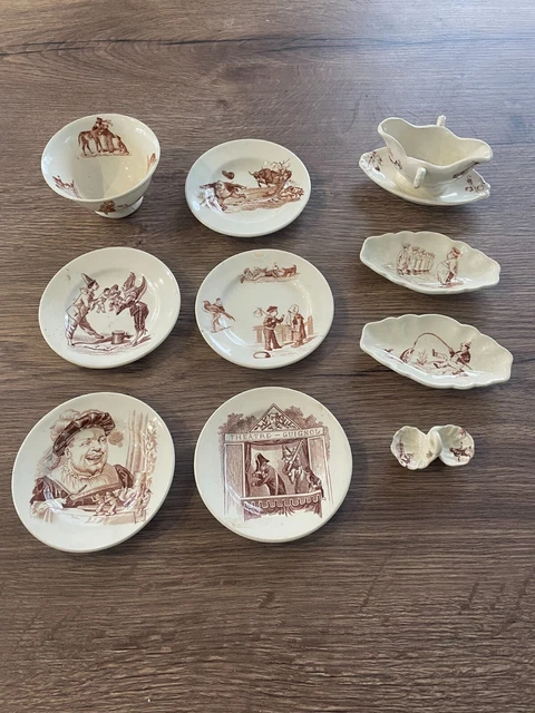 Ancienne Dinette Poupée 19e Siècle Faïence Française Modèle Au Coq, 3 Pièces