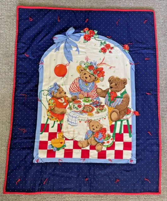 Teddy Bear Baby Quilt Tea Party Picnic Blanket Handmade Crib Toddler 45”x 35”