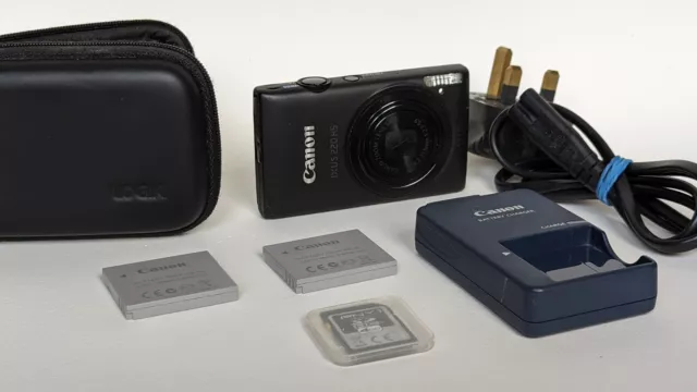 Canon IXUS 220HS compact digital camera, charger, 4GB SD card, 2 batteries, case