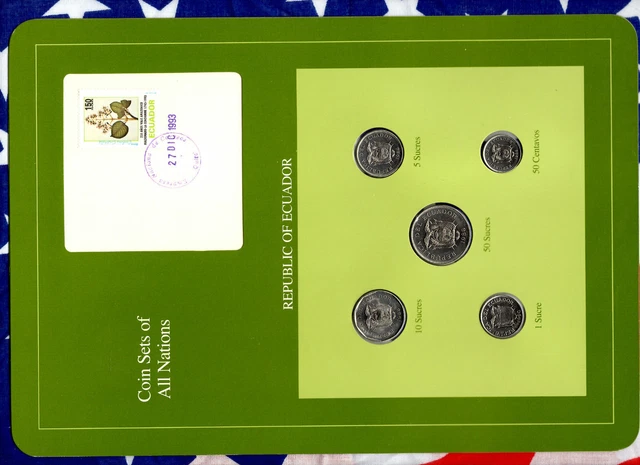 Coin Sets of All Nations Ecuador w/card All 1988 1 Sucre 1990 UNC