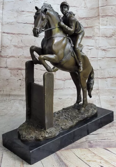 Very Large Solid Bronze Equestrian Horse With Jockey On Walnut Base Rare