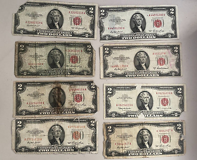 ✯ CULL Two Dollar Note Red Seal 1953 1963 ✯ $2 Bill ✯ Old Paper Lot Currency ✯