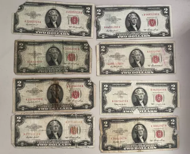✯ CULL Two Dollar Note Red Seal 1953 1963 ✯ $2 Bill ✯ Old Paper Lot Currency ✯