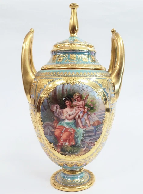 ANTIKE DEUTSCHE 19. Jh. handbemalt ROYAL VIENNA PORZELLAN Urne VASE signiert WAGNER