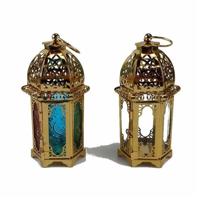 Élégant grand porte-lampe sarcelle en verre lanterne marocaine pour décoratio