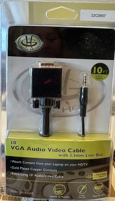Gear Head 10' VGA Audio Video Cable w/3.5mm Line out NEW in Package CA10VGAS