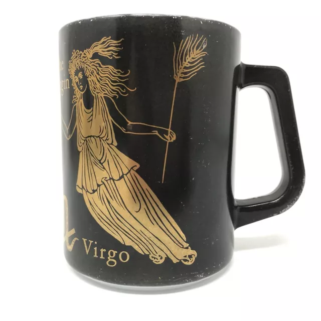 Vtg VIRGO Federal Glass Zodiac Astrology Coffee Mug Black Gold Milk Glass