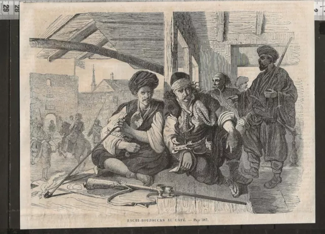 G363 / Gravure 1868 /  Bachi-Bouzoucks Au Cafe