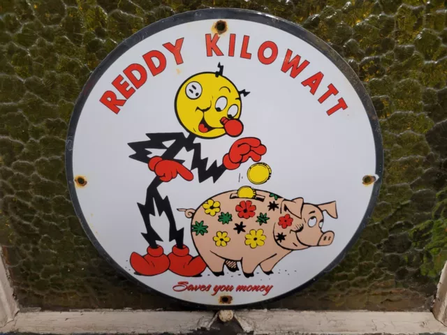 Vintage Reddy Kilowatt Porcelain Sign Electric Power Money Piggy Bank Oil Gas