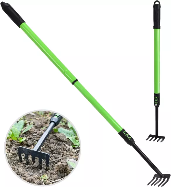 5 TINE GARDEN Claw Rake Hand Cultivator Tool with Adjustable Long ...
