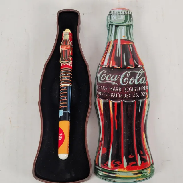 Coca Cola Bottle Shaped Tin Box with Pen 1886 Coke Began