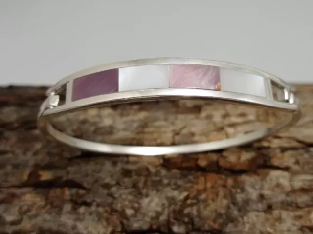 Rose and white mother of pearl bar mexican bracelet, Silver plated bracelet, bar