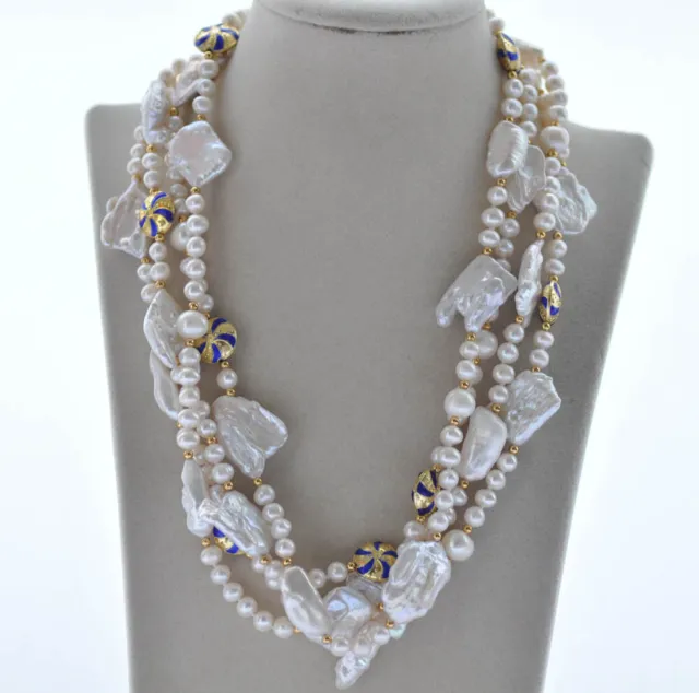 4Row 20" 23mm White Baroque Round Pearl Cloisonne Necklace