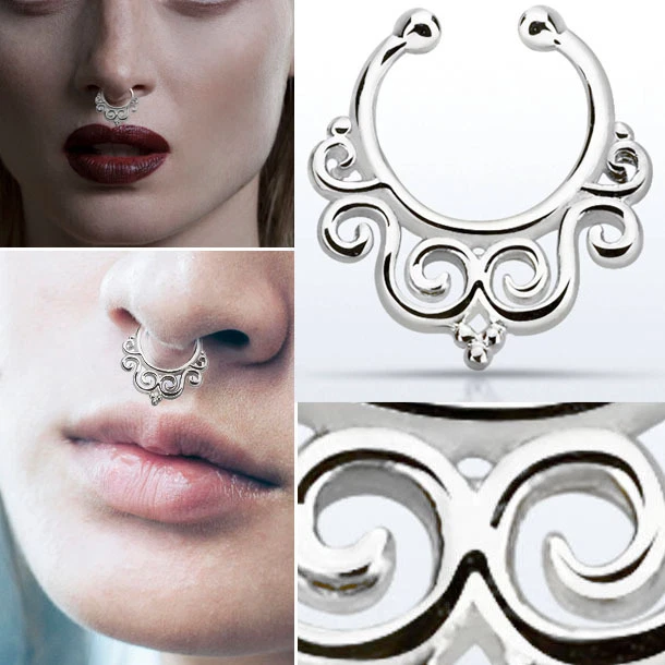 18G Vintage Curl Silver Fake Septum Clicker Non Piercing Nose Clip Hang Cheater