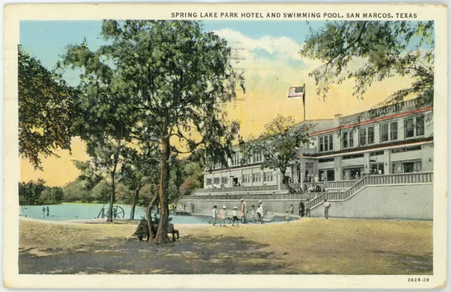 Vintage 1930 Postcard Guests Swimming Pool Spring Lake Park Hotel San Marcos TX