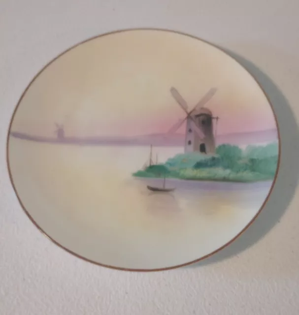 Nippon Hand Painted Sunset Lake Windmill Plate 6"  Cake Dessert Bread