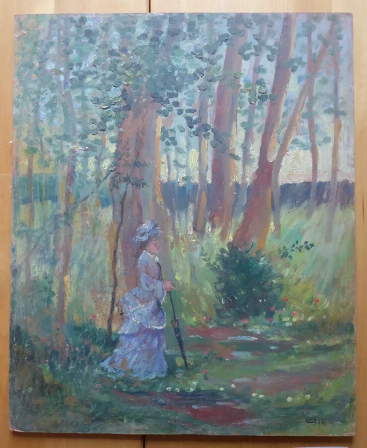 Viejo Cuadro En Estilo Impresionista Vista Jardines Scuola Español '900 MD3