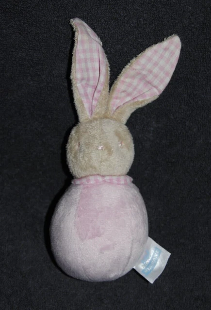 Doudou Boule KLORANE Lapin Rose Beige Col Carreau Blanc Vichy Hochet Grelot TTBE