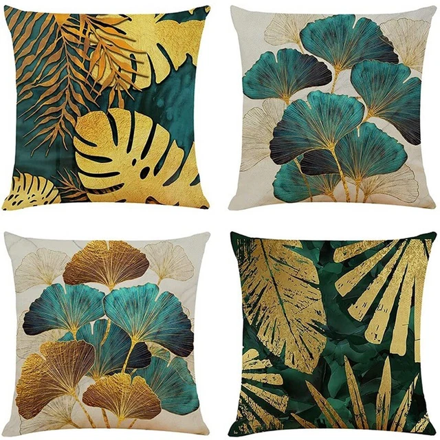Square Cushion Covers, 4 Pieces, Green and Gold Leaves, Cushion Covers2268