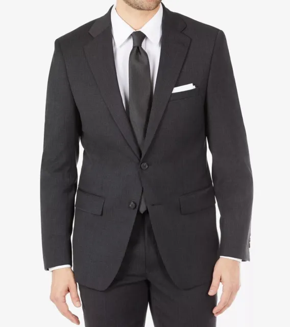 Calvin Klein Black Brown Slim-Fit Wool Suit Jacket Men 40R Mini Check Skinny-Fit