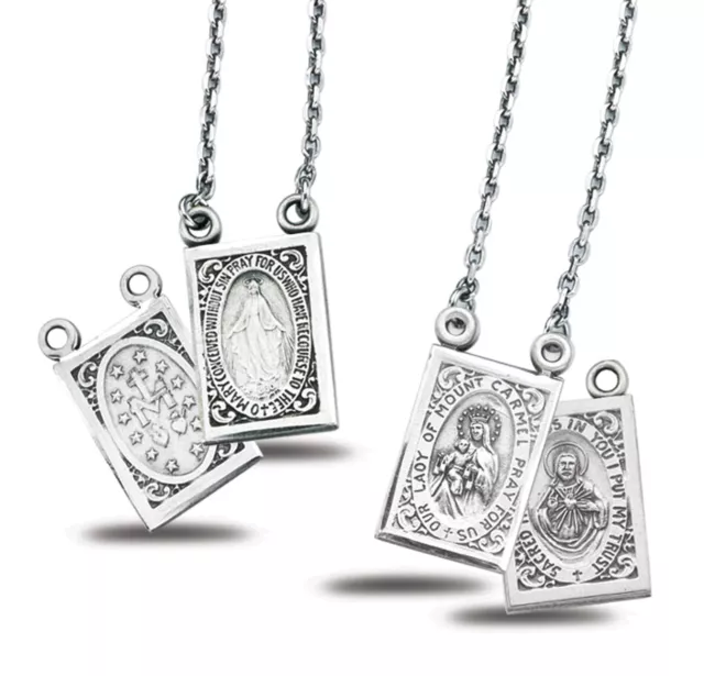 Sterling Silver Two Piece Miraculous Medals Scapular Pendant Necklace, 9/10 Inch