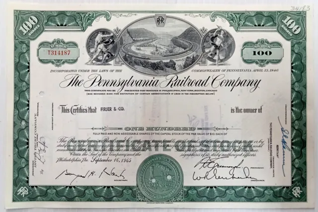 US The Pennsylvania Railroad Company 1965 share certificate for 100 shares