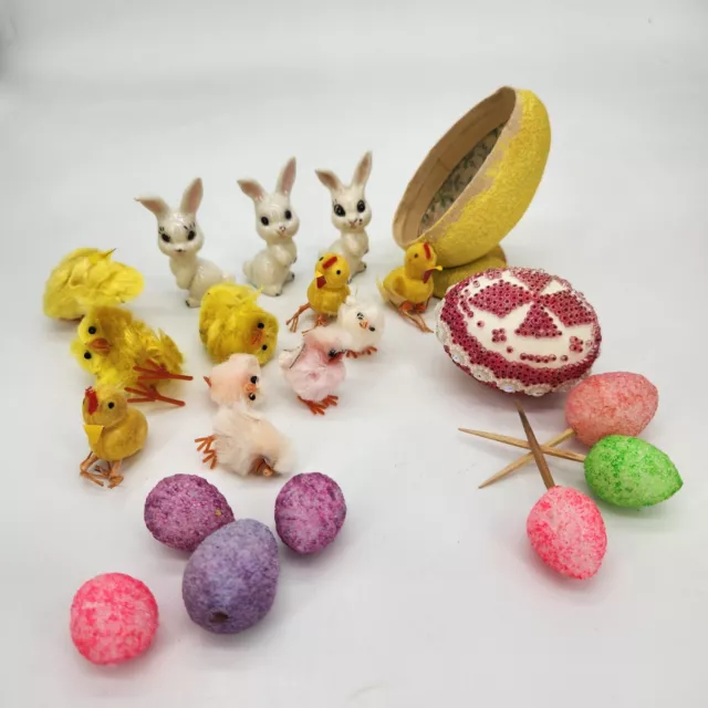 Vintage Easter Decor Lot~Ceramic Bunnies~Fuzzy Chicks~German Egg~Mini Styro Eggs