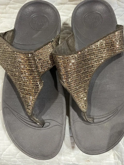 FitFlop Sandals Women's 7 Gold Brown Sparkle Wedge Thongs Flip-Flops