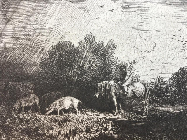 Charles Emile JACQUE EAU FORTE ORIGINALE Paysan à Cheval Cochons Barbizon