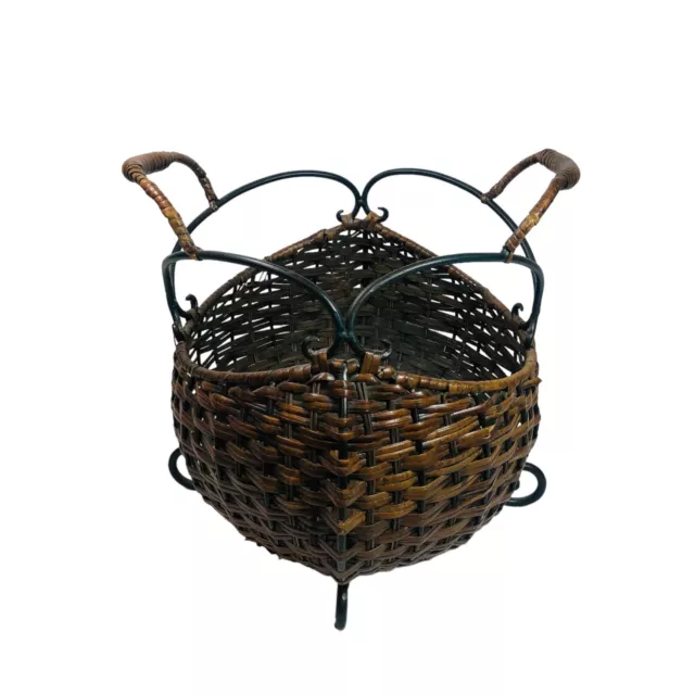 Vintage Metal and Wicker Large Round Brown Basket with Double Handles