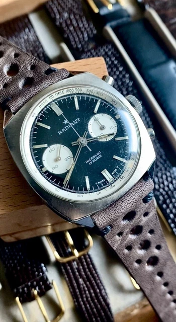 RADIANT REVERSE PANDA CHRONOGRAPH SWISS WATCH 1970'S Jumbo EUR 720