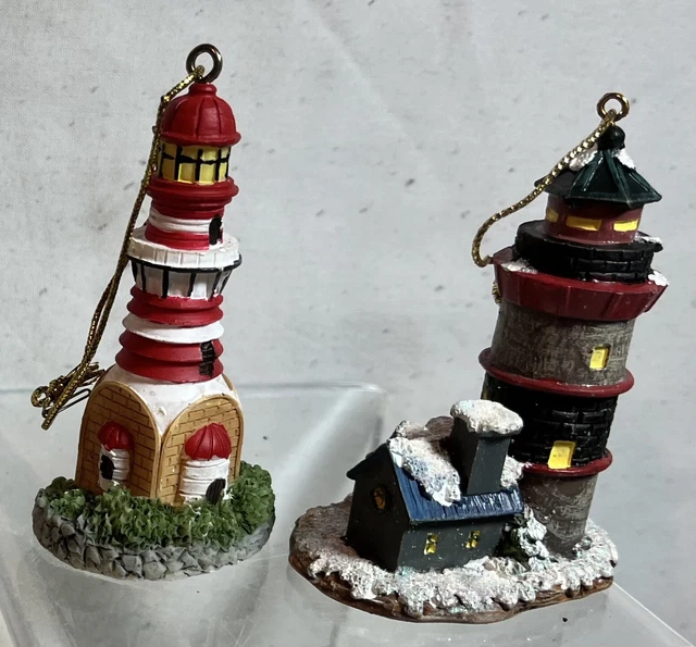 VTG Light House Christmas Ornament Coastal Nautical Boat Cape Cod 3” Set of Two