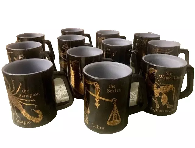 Set of 12 Vintage Federal Black Milk Glass Zodiac Cups Mugs Horoscopes Astrology