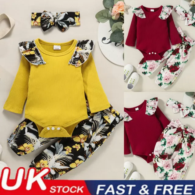 Newborn Baby Girl Bodysuit Romper Pants Headband Set Infant Outfits Clothes
