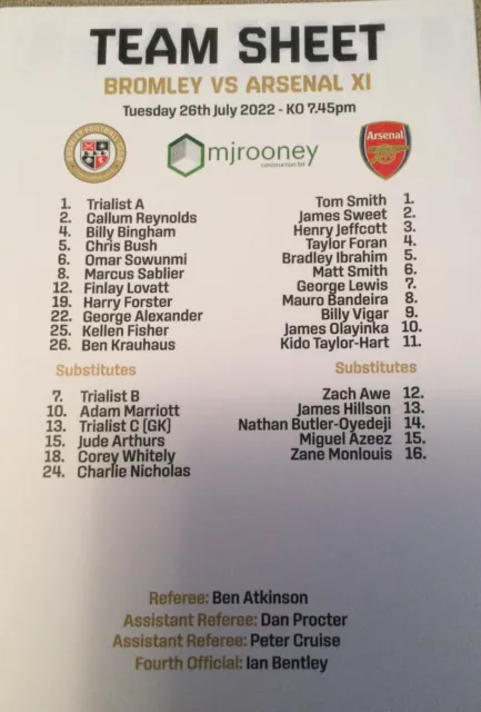 Bromley v Arsenal 26th July 2022 Teamsheet Pre Season Friendly