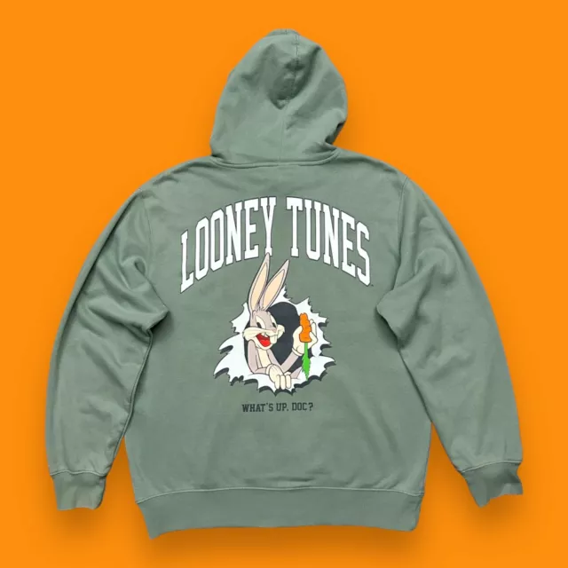 Vtg Looney Tunes Hoodie Bugs Bunny Whats Up Doc Sweatshirt Pullover y2k Green L