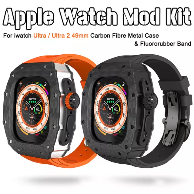 Für Apple Watch Ultra / Ultra 2 49mm Carbon Fibre Case Fluorogummi Band Mod Kit